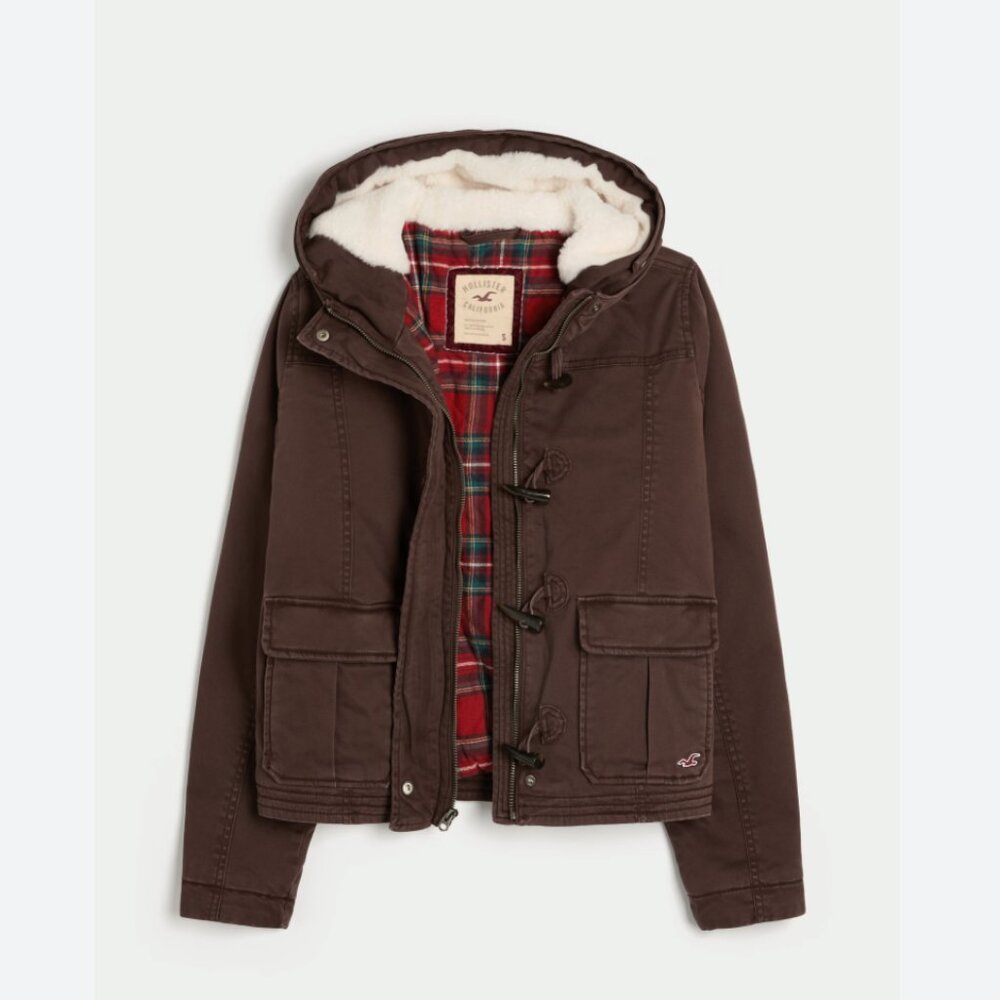 Hollister Holiday Vault Release Brown Twill Faux Fur Trim Hooded Bomber Jacket